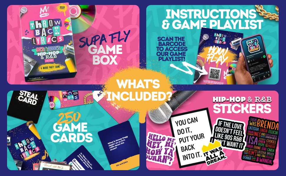 Throwback Lyrics - The 90s & 2000s Hip-Hop & R&B Music Party Game | Rap R&B Game 250 Cards of Trivia and Charades - Great for Game Nights  Date Nights  mature-themed and Family Games