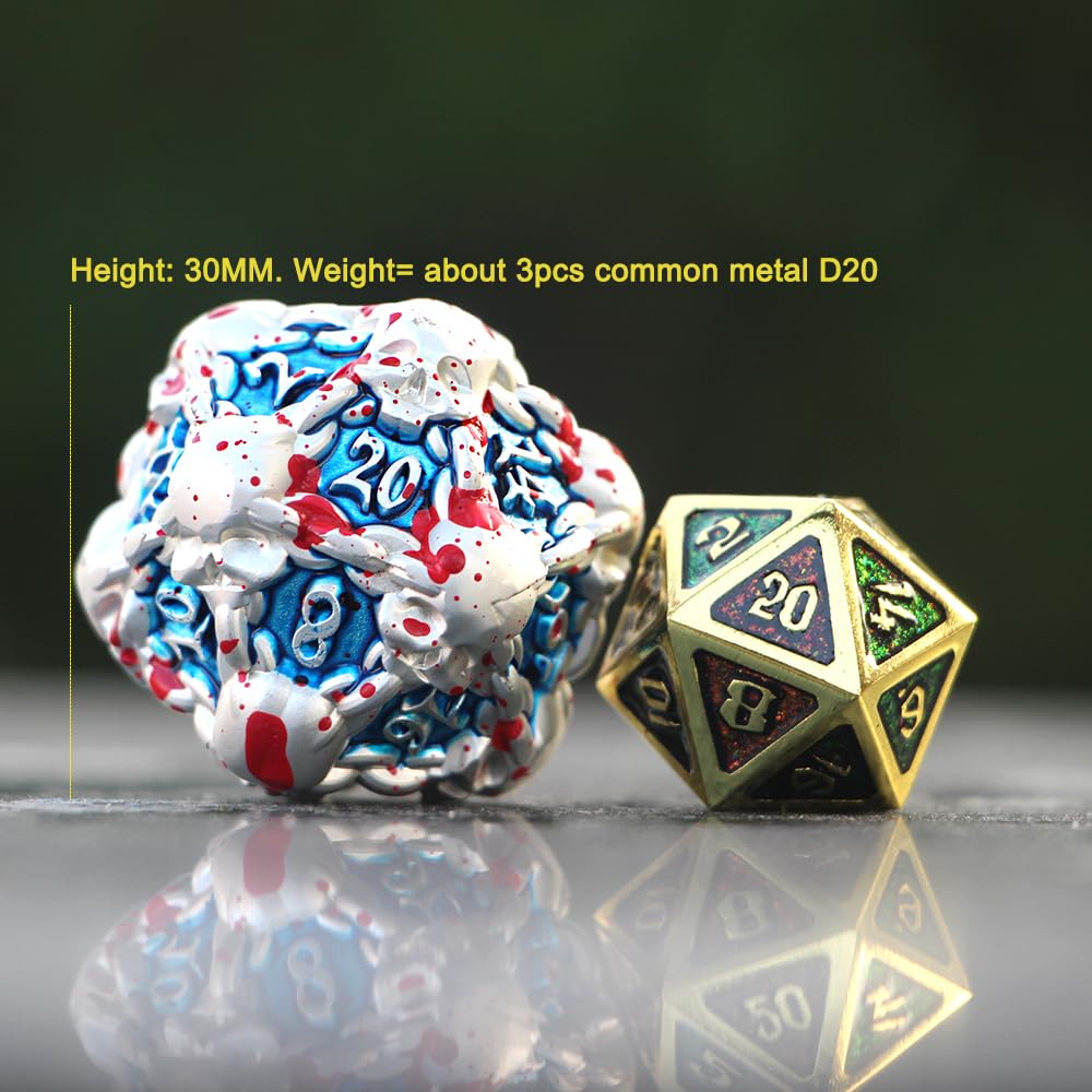Dndwow Big Metal Skull D20 Dice Silver Bloody Red Blue For Role Playing Games - Bksbr