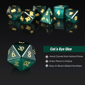 DNDND Cat's Eye Gemstone Dice, 7 PCS Green Stone Dice with Grogeous Gift Case for DND Dungeons and Dragon Tabletop Game (Green C