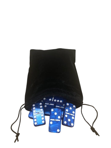 Domino Double 6 Dark Blue Marbleized Tiles With Spinners, Jumbo Tournament Size In Black Elegant Velvet Bag