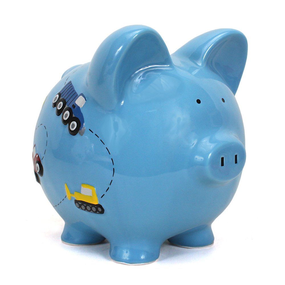 Child To Cherish Ceramic Piggy Bank For Boys, Construction Trucks, Blue