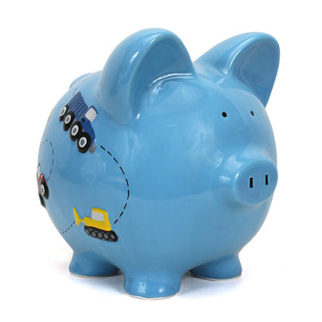 Child To Cherish Ceramic Piggy Bank For Boys, Construction Trucks, Blue