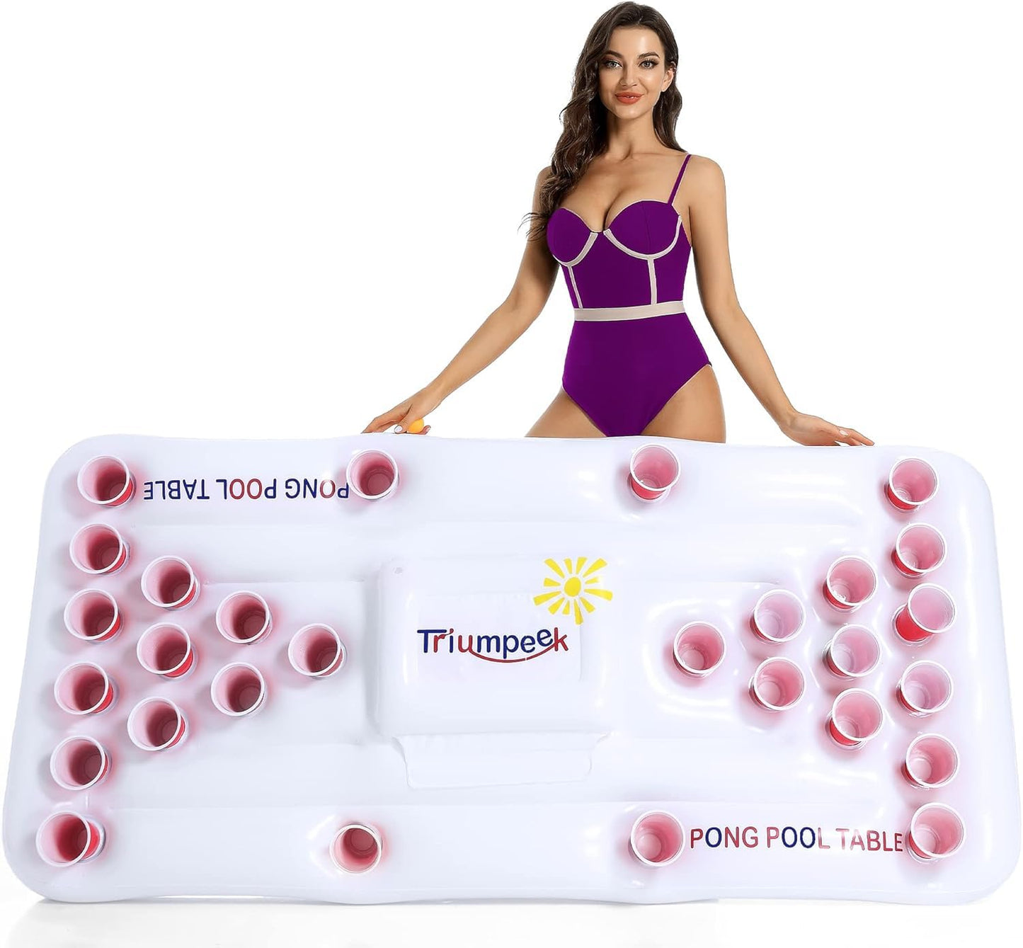 Triumpeek Inflatable Pool Game Table Float - 6FT Water Activity Center, Cooler Included, Multi-Use Lounge, Blue/Red