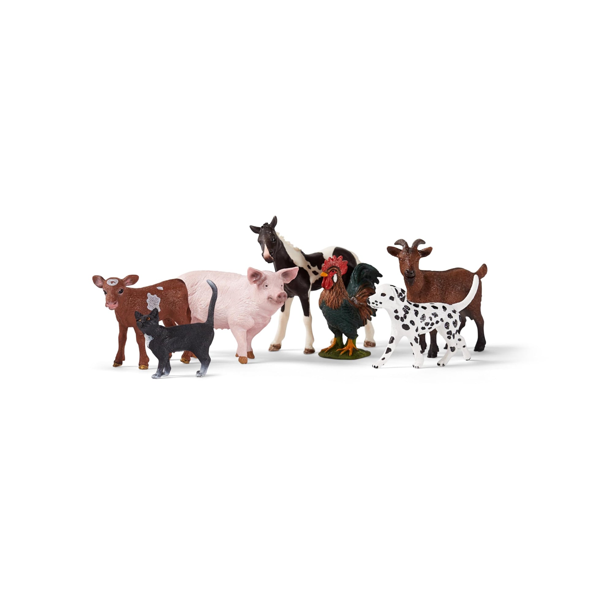 Schleich Farm World 7-Piece Farm Animal Gift Set Including Dalmatian  Cat  Pig  Goat  Rooster  Texas Longhorn Calf and Pinto Foal Animal Toys