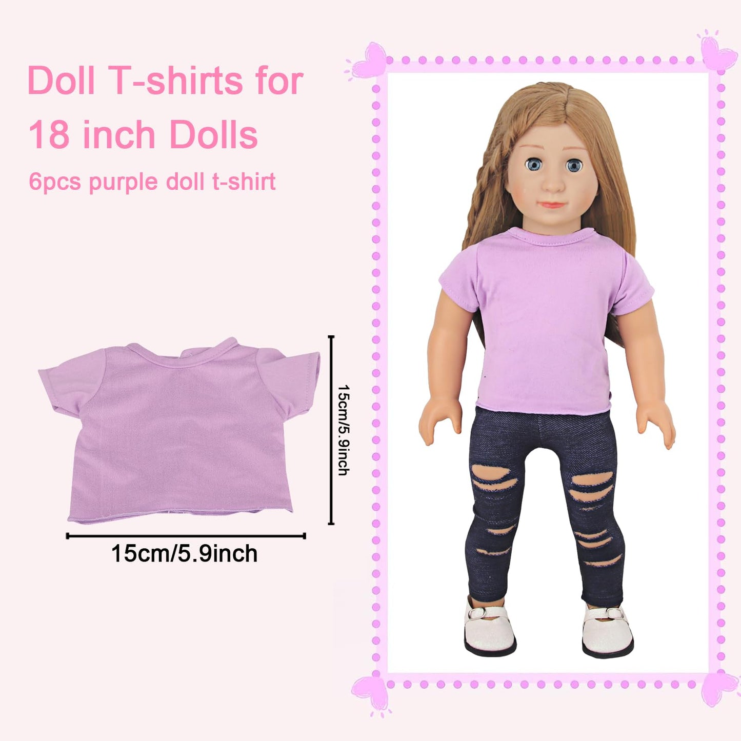 AugFrog 5 Pcs T-Shirts Summer Outfit for 18 Inch Dolls - Classical Tee Fit (Purple)