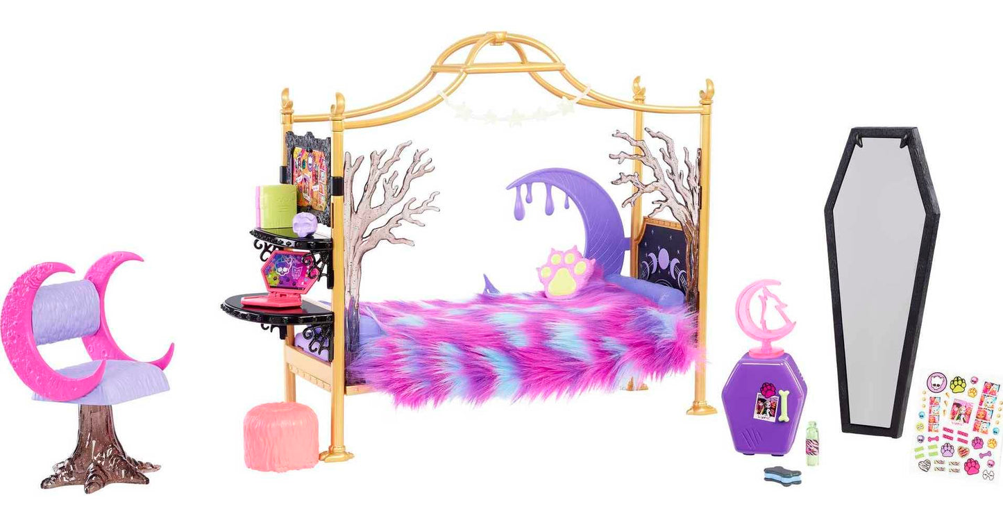 Monster High Clawdeen Wolf Bedroom Playset with Doll, Small Plastic, Werewolf Theme, Model HMV77, Includes Furniture & Accessories