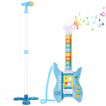 Deao Kids Guitar And Microphone Set With Stand Adjustable Height Music Light Karaoke Music Toys Christmas Birthday Gift For Kids Boys Girls (Blue)