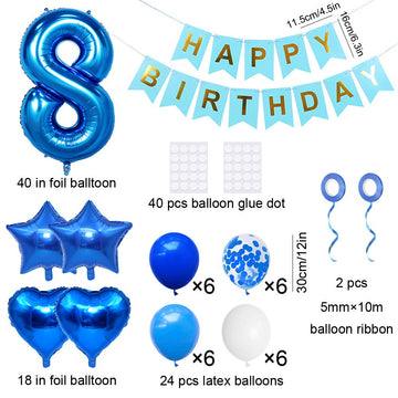 Huture 8 Birthday Party Supplies Blue Number 8 Foil Balloon Happy Birthday Banner Kit 8Th Birthday Decoration White Blue Latex C
