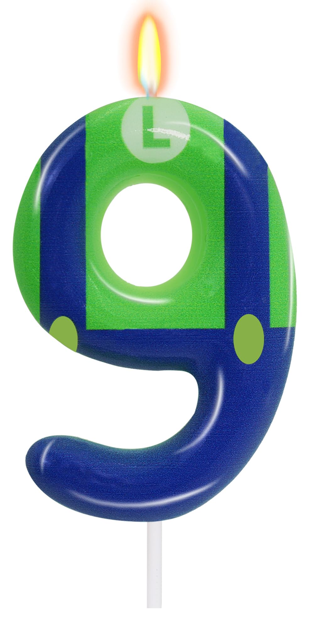 Green Blue 9th Birthday Candle for Boys Girls - Luigi Birthday Party Cake Decorations, Number 9 Cake Topper, Cartoon Game Themed