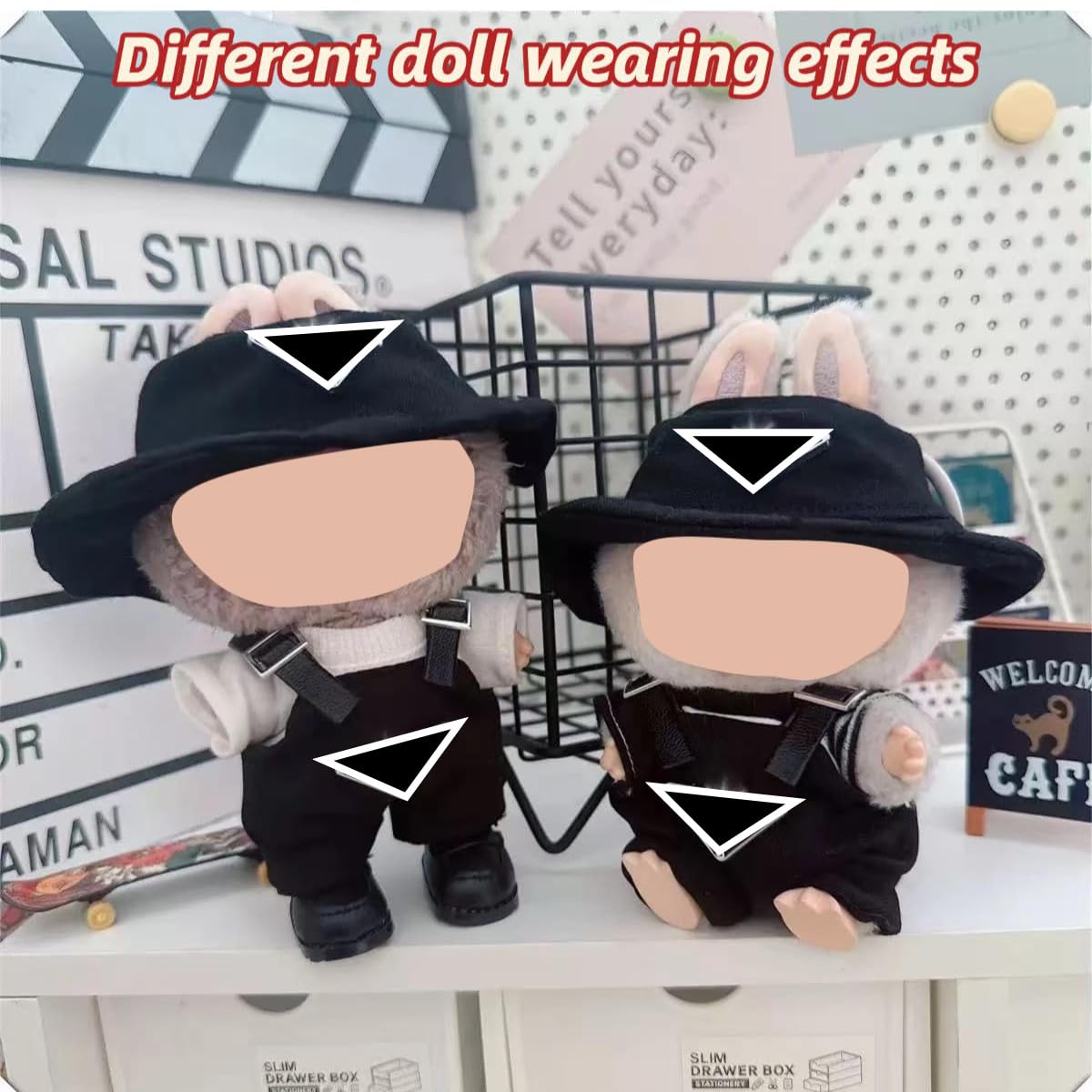 Clothes for Labubu(NO Doll)   Hat & Overalls Set for Labubu Clothes 15cm/17cm Dolls Accessories Suit  Doll Outfit Stylish Clothes  White Puppy Charms Gift for You (Black Set)