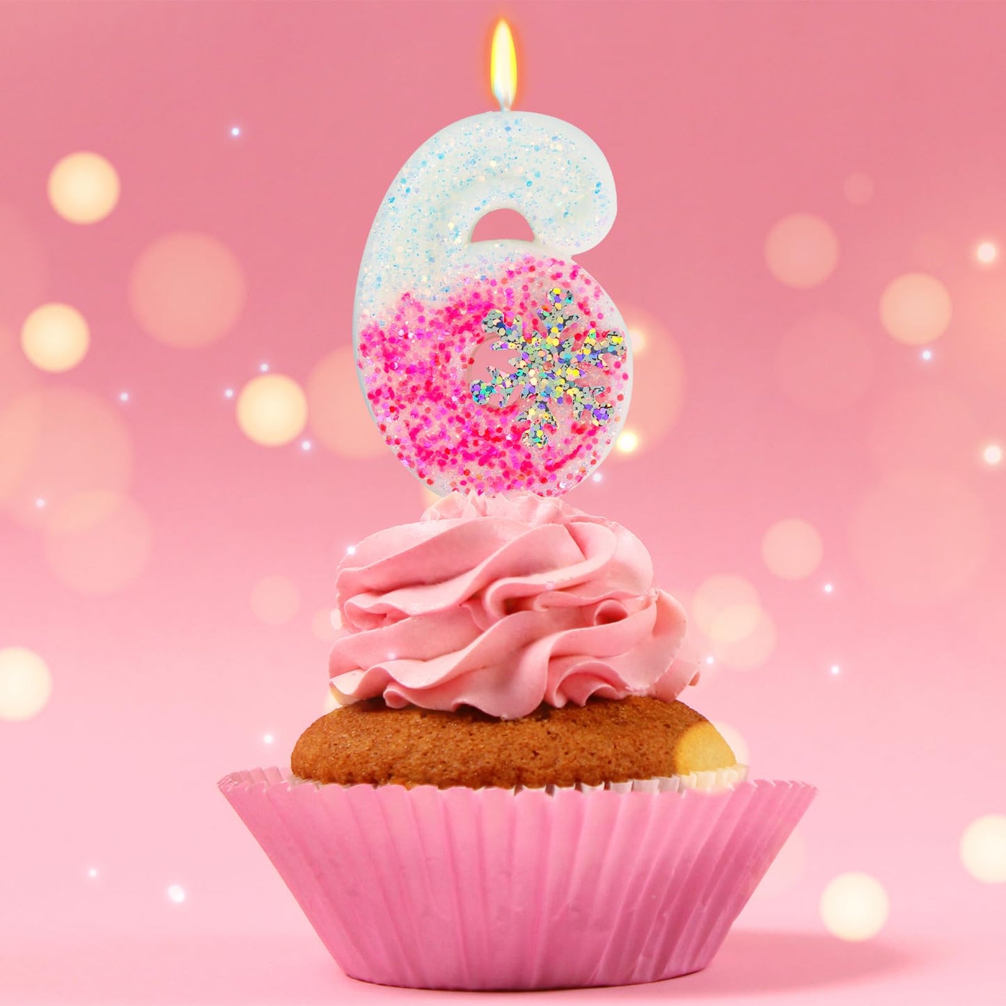 Frozen Themed Birthday Candles, Number 6 Pink Birthday Candle for Party Supplies, Winter Birthday Party Supplies, 2.76 inch Numb
