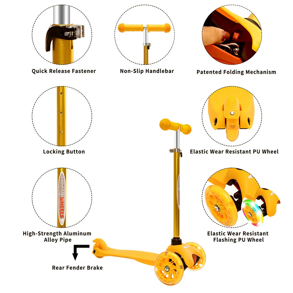 Chromewheels Scooter For Kids, Deluxe 3 Wheel Scooter For Toddlers 4 Adjustable Height Glider With Kick Scooters, Lean To Steer With Led Flashing Light For Ages 3-6 Girls Boys, Yellow