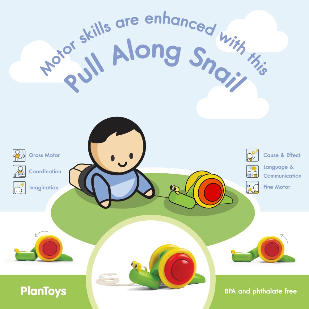PlanToys Wooden Pull Along Snail Pull Toy (5108) | Sustainably Made from Rubberwood and Non-Toxic Paints and Dyes
