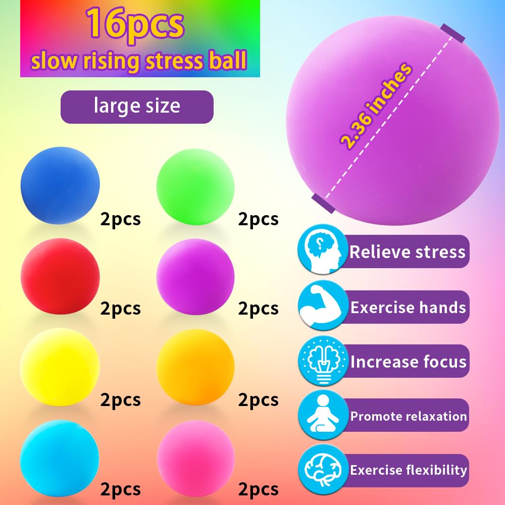 Diydec 16Pcs Stress Balls Toys 2.36 Inches Slow Rising Squishy Sensory Balls For Adults Stress Relief Squeeze Stretch Fidget Bal