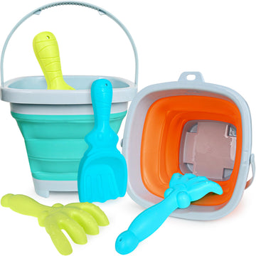 Gkdoms Kids Beach Toys Set With Collapsible Bucket, Sand Rake And Shovel, Turquoise And Orange, Ages 2-6, 2Pack Travel Toys (Two