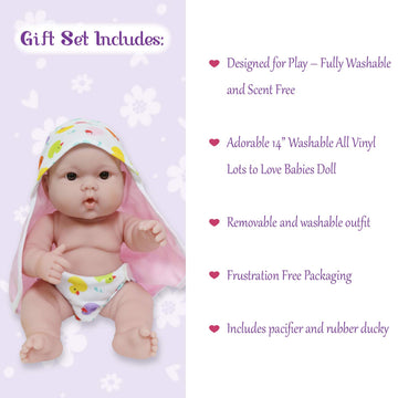 JC Toys Lots to Love 14" Vinyl Doll Set - 4 Piece Bath Time Gift, Posable & Waterproof, Pink, Model 16008, Ages 2+