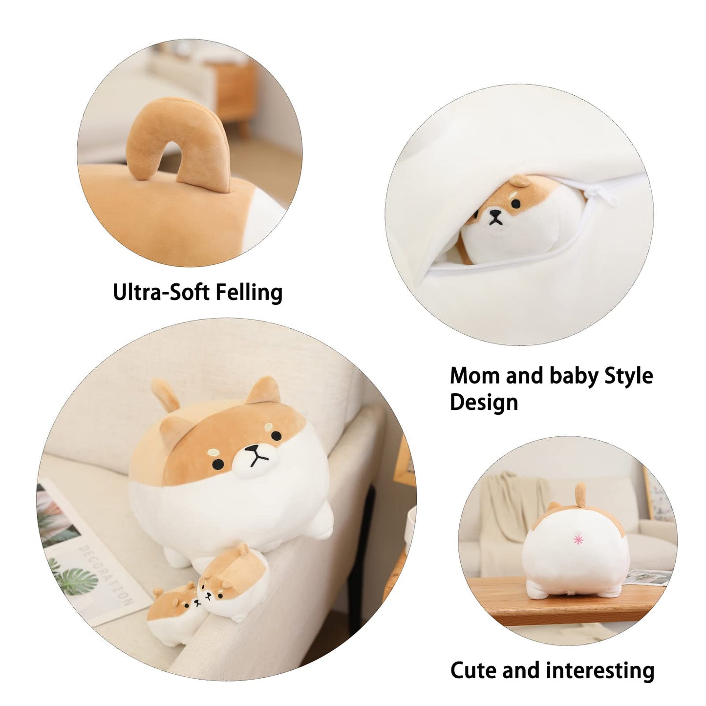 SQEQE Shiba Inu Plush Toy with 4 Baby Plushies, Soft Cotton Stuffed Animal Gift for Kids, Adorable Shiba Inu Design