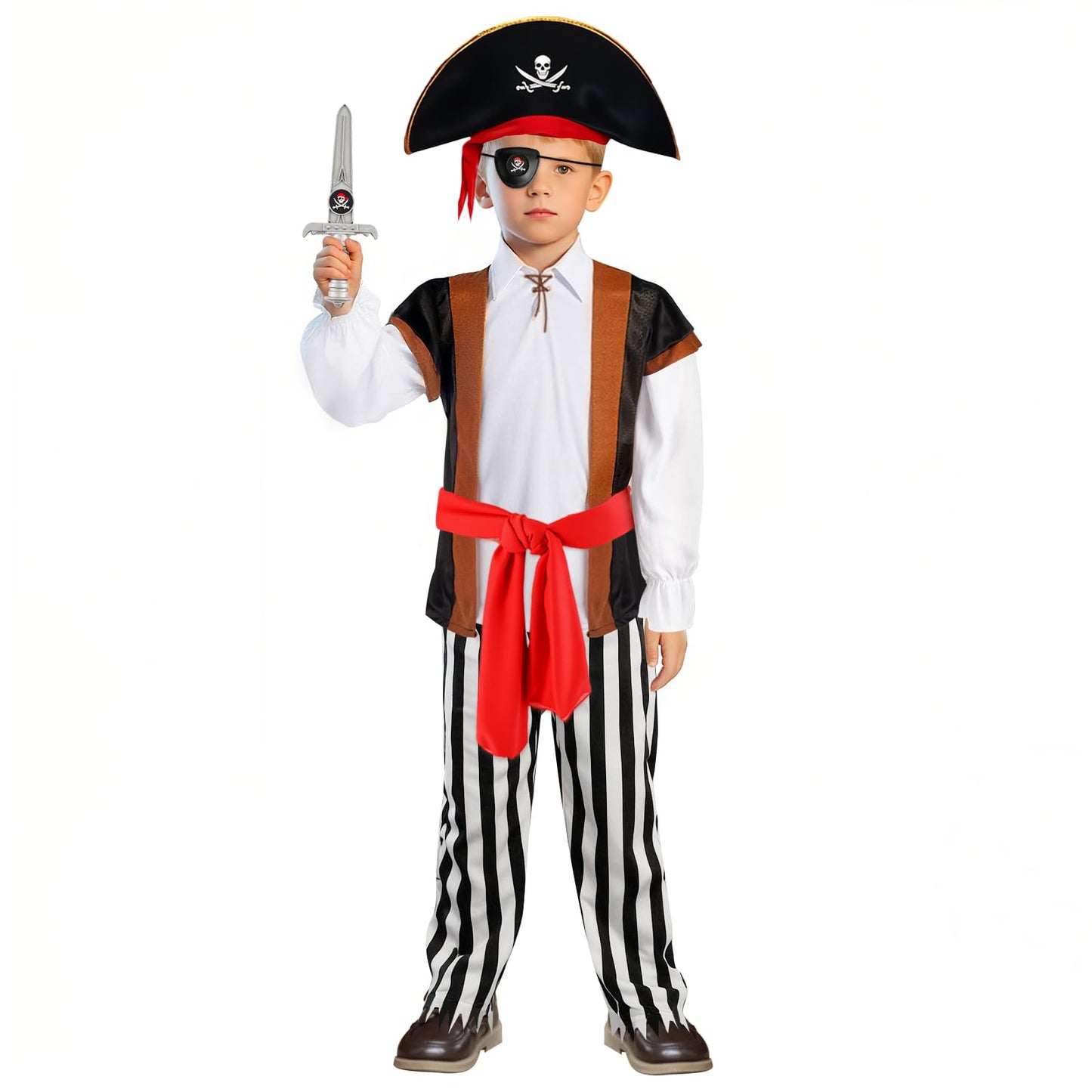 YPFonetoy Boys Pirate Costume Kids Set - Deluxe 10-Piece Pirate Outfit with Eye Patch  Hat & Accessories for Halloween (S(3-4 years))