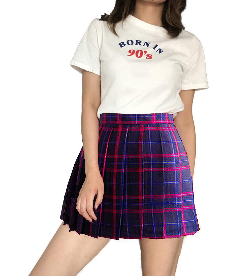 Girl`S School Uniform Skirt Plaid A Line Cosplay Costumes (S, Black Mixed Rose Blue)