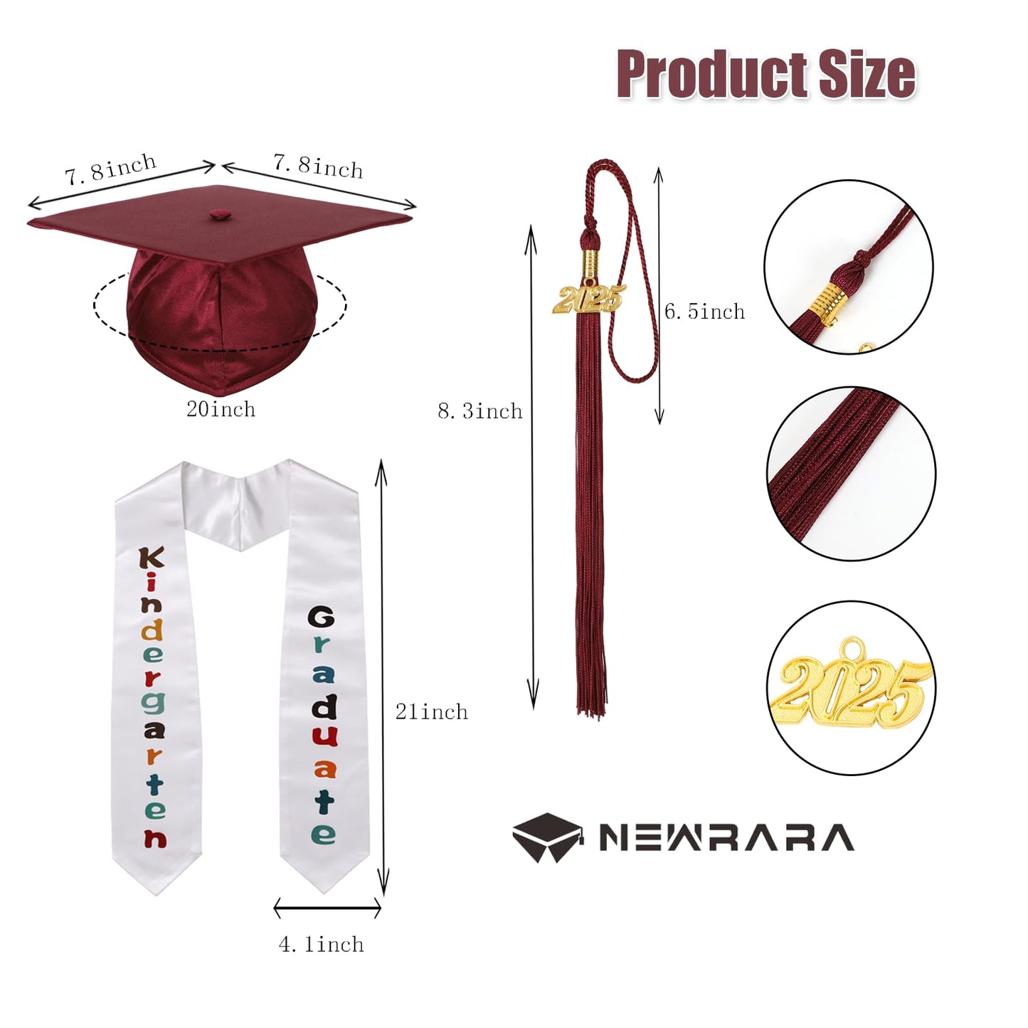 Newrara Kindergarten Graduation Cap and Gown Stole Package for Kids (Maroon, 27)