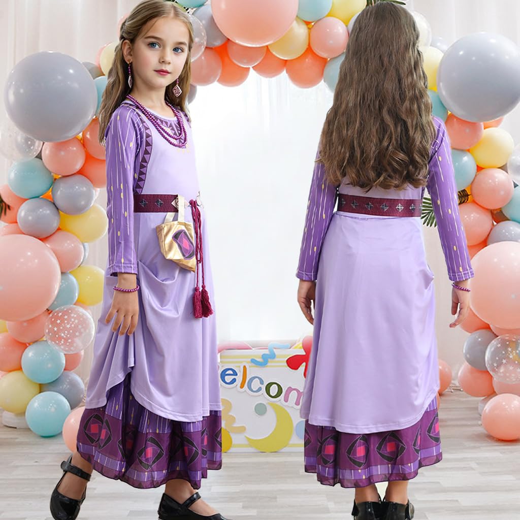 Zaisuifun Princess Asha Costume For Girls Wish Asha Dress Up Kids Halloween Cosplay Outfits With Accessories, Purple, 5-6 Years(