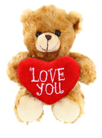 Plushland Stuffed Mocha Heart Bear – Love You- Plush Bear Toy For Kids & Adults - Embroidered Heart Pillow - Brown-6 Inches