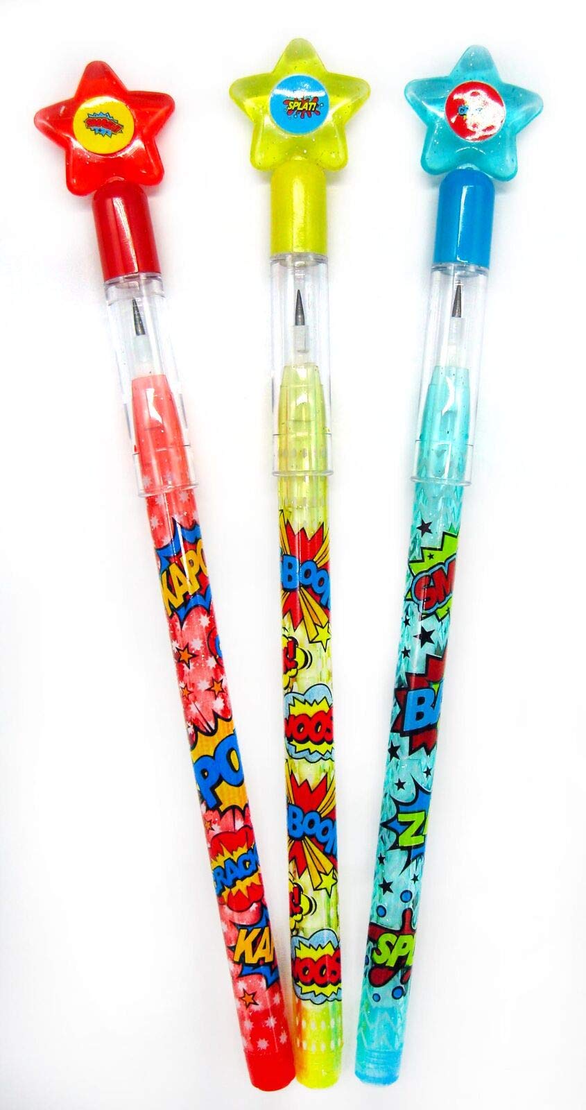 Tiny Mills 24 Pcs Superhero Text Multi Point Stackable Pencil with Eraser for Superhero Birthday Party Favor Prize Carnival Good