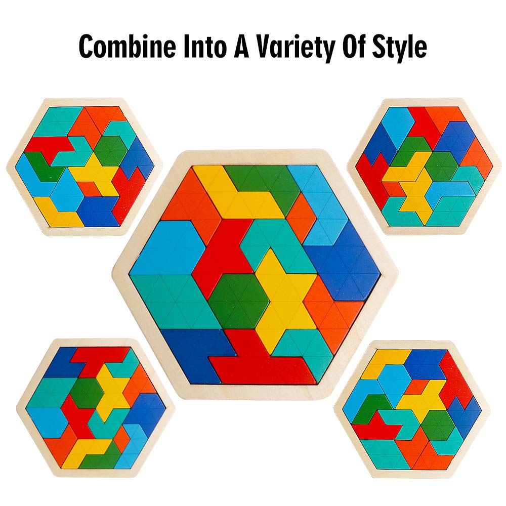 Skrtuan Wooden Hexagon Puzzle For Kid Adults Brain Teaser Blocks Puzzles Games Toy Shape Pattern Block Tangram Geometry Logic Iq Stem Montessori Educational Gift For All Ages Children Boys Girls