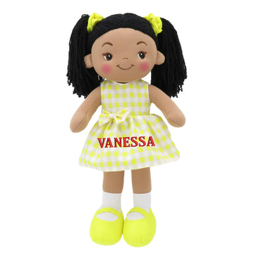 Personalized Snuggle Dolls, Custom Soft Brunette Baby Rag Doll, Yellow Checked Dress, 16 Inches, Muecas De Trapo Personalizadas