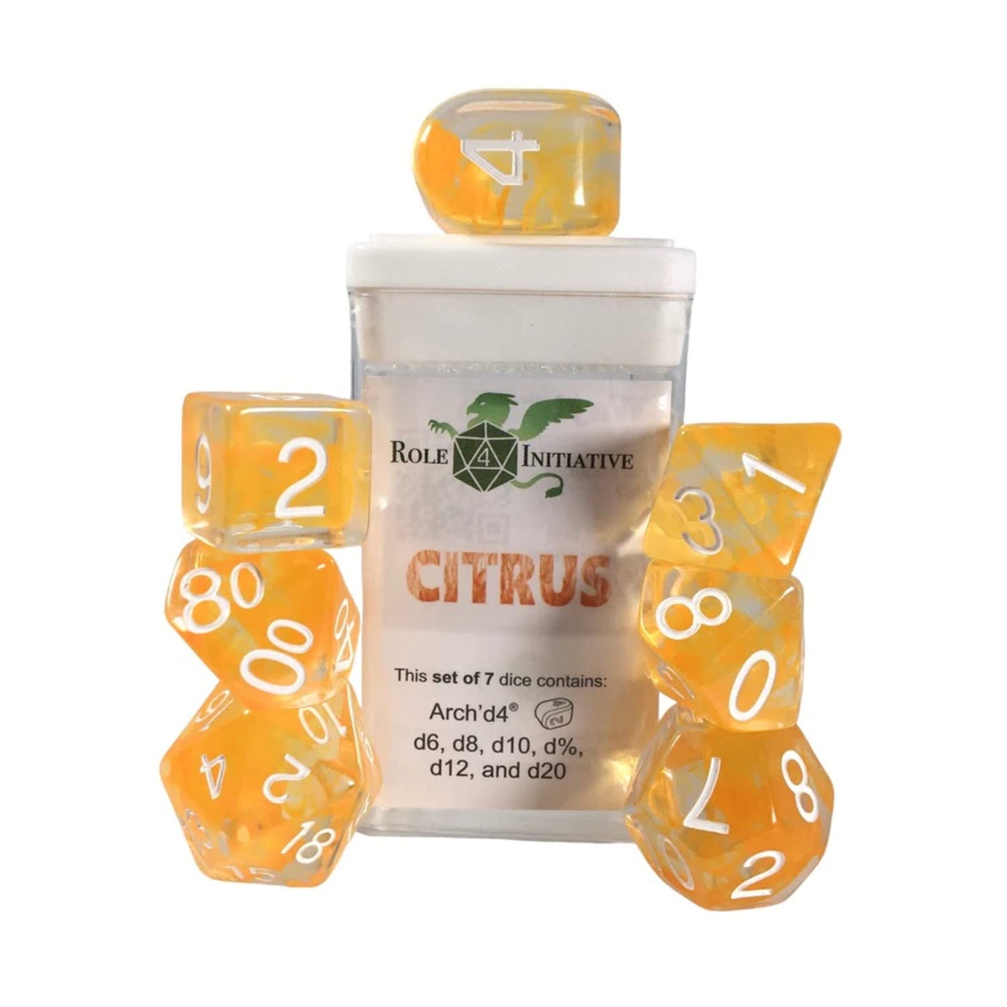 Role 4 Initiative Polyhedral Dice - Citrus W/White, Arch'D4 (7)