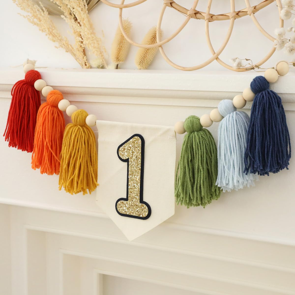 Ereniko Handmade Rainbow 1st Birthday High Chair Banner Party Decoration for Girl Baby Wall Hangings Decorative Happy One Birthd