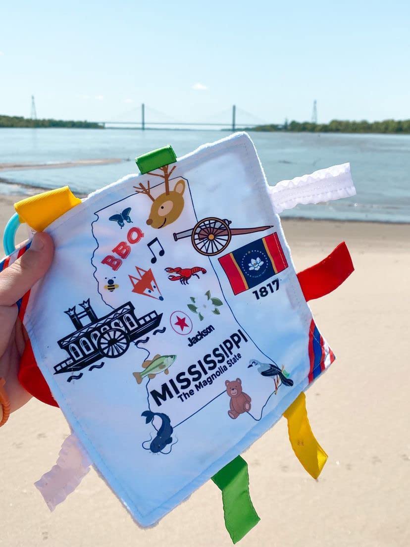 Baby Jack & Co 8X8” Learning Lovey Tag Toys For Babies - Baby Crinkle Toys - Crinkle Toys For Baby - Soft & Safe - Learn Usa State Facts - Ideal Baby Toy Bpa Free W/Stroller Clip (Mississippi)