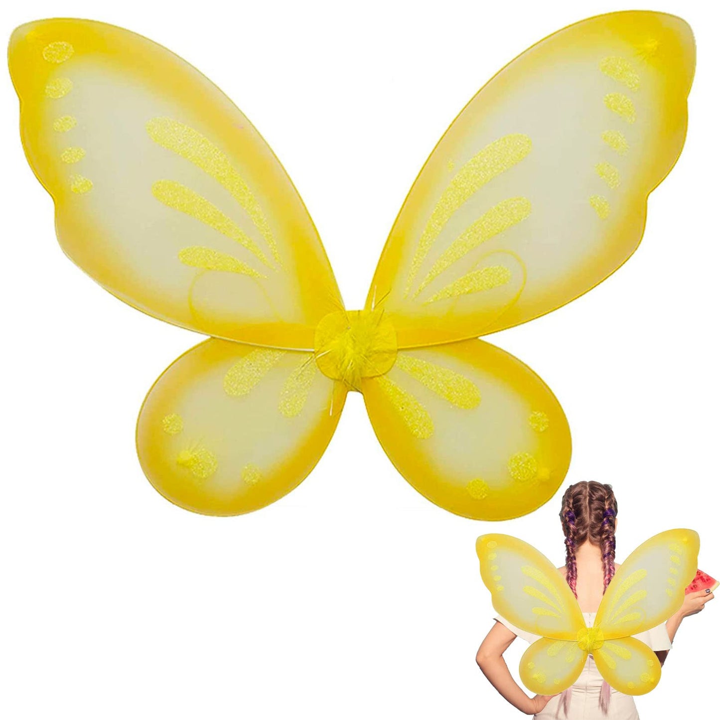 Nenmatte Fairy Girls Wings,Girls Butterfly Wing For Birhday Party,Sparkle Angel Wings Halloween Costume Dress Up For Kids Women (Yellow)