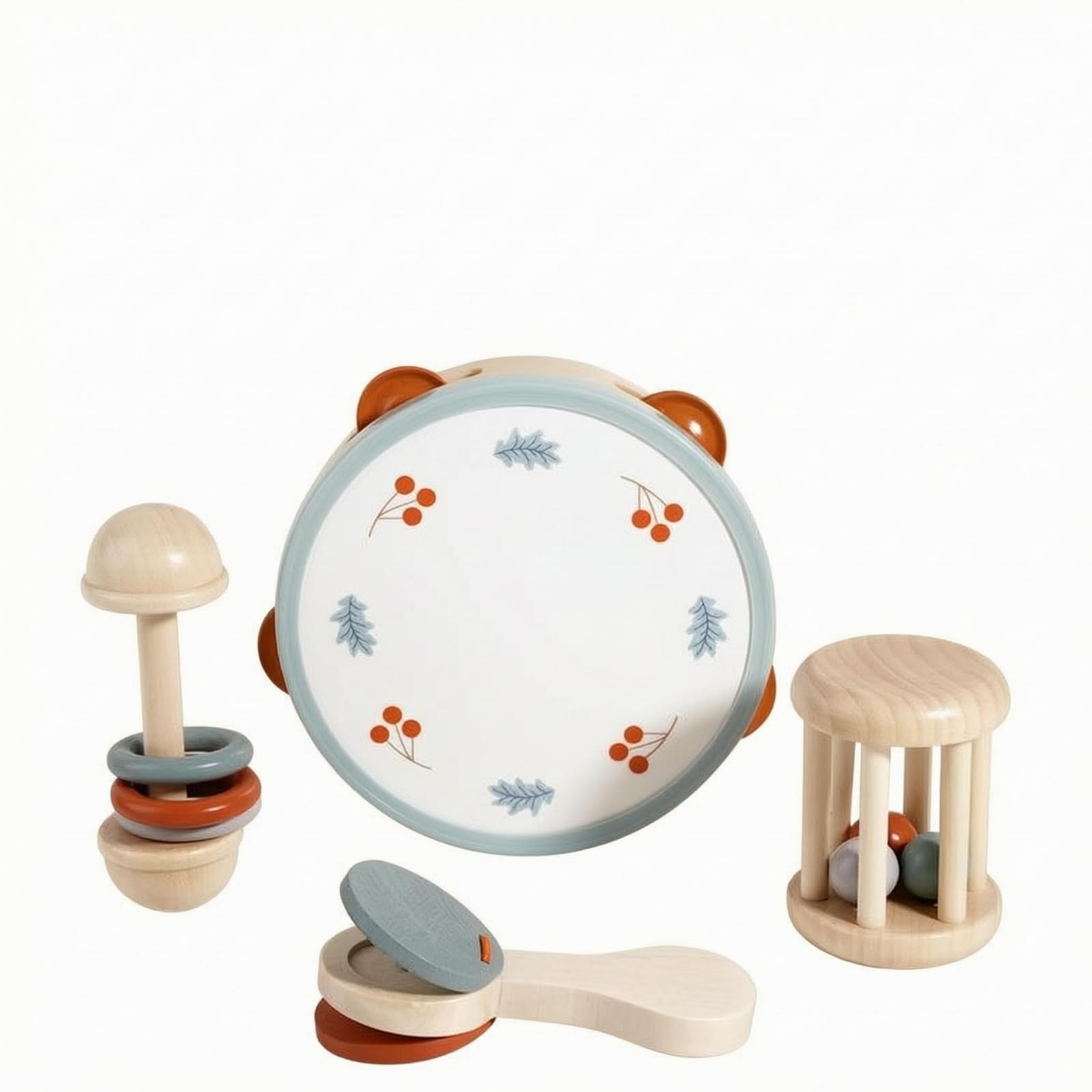 Snappsy 4 Pieces Natural Wood Toddler Percussion Set Pastel Accents Wooden Drum Set Polished Finish Bead Shaker Toy Round Drumhe