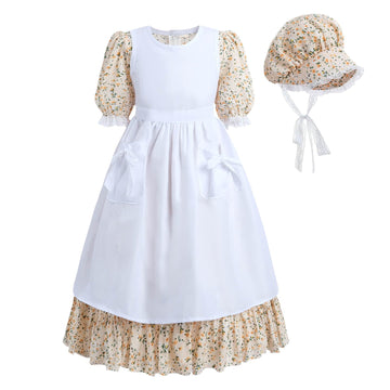 Nuoqi Colonial Costume Girls, Prairie Dress Girls Pioneer Dress Costume With White Apron 8-9, Orange Pink