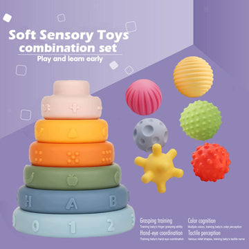 Montessori Toys Soft Stacking Building Blocks Rings Balls Sets 3 In 1 Baby Toys Bundle For Babies 6-12 Months Sensory Toys For Toddlers 1-3 Teething Bath Toys For Infants Learning Toy