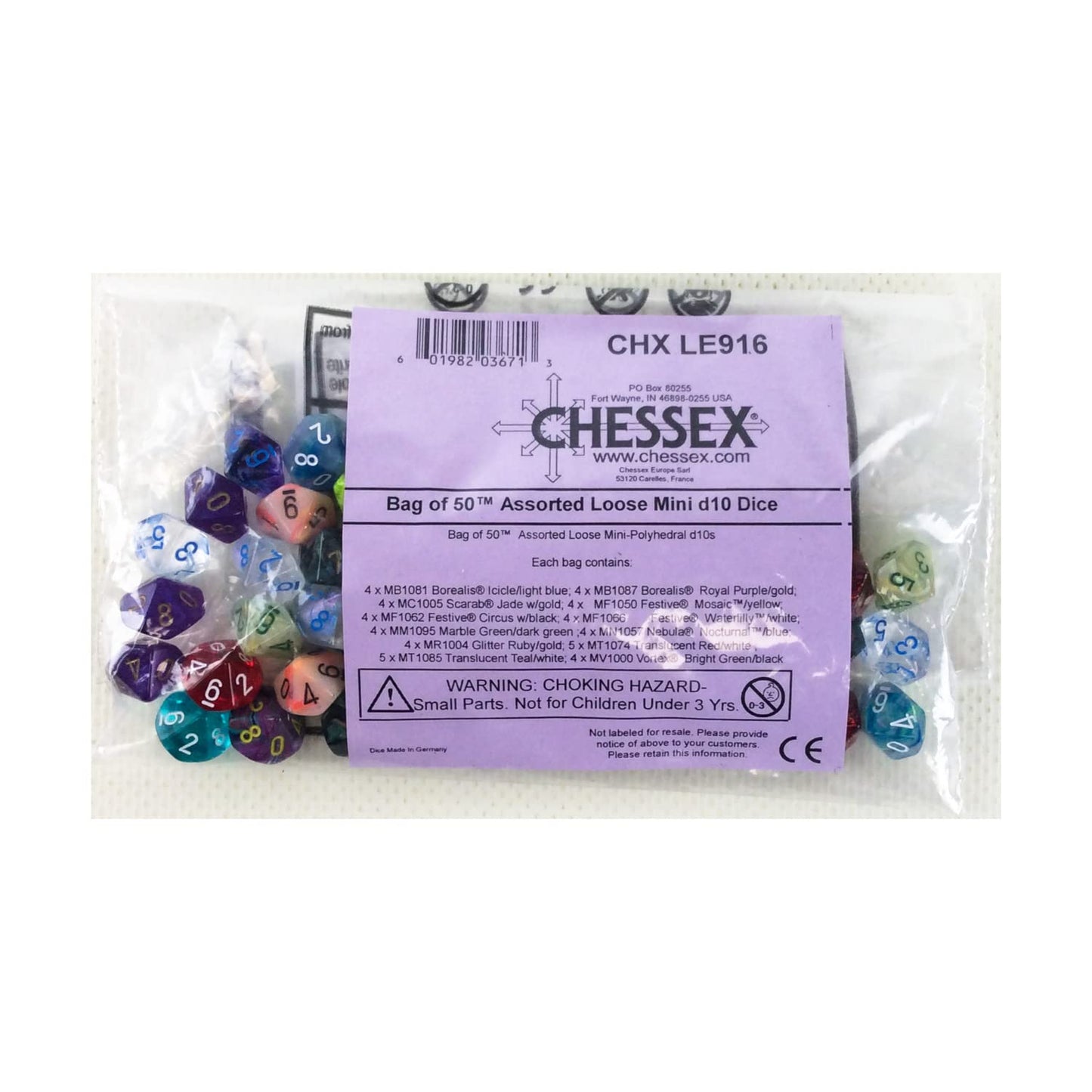 Assorted Mini Dice With Numbers D10 10Mm (3/8In) Pack Of 50 Chessex