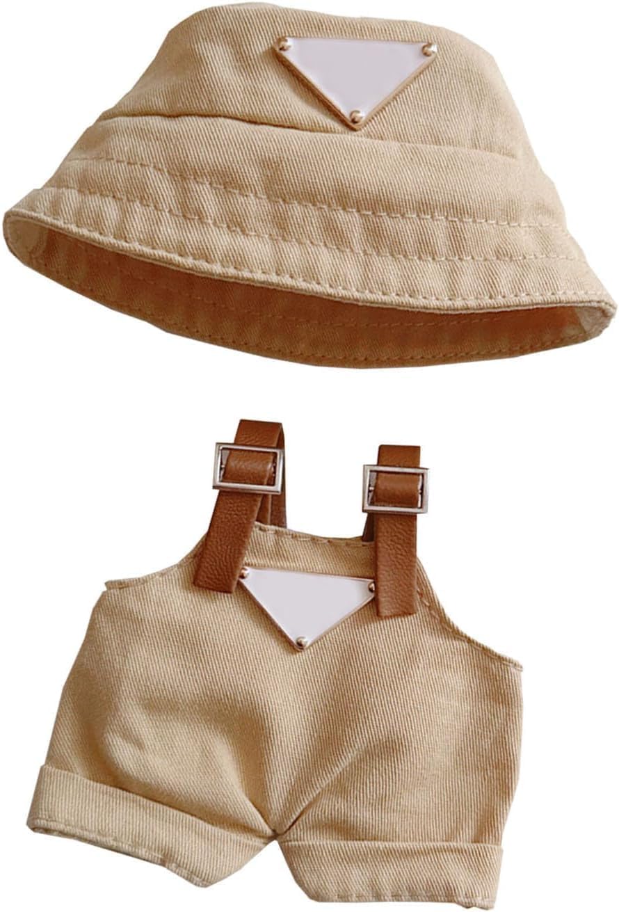 17cm Clothes for Doll Hat & Overalls Set Suit Cute Clothes for Doll Dress up (Khaki)