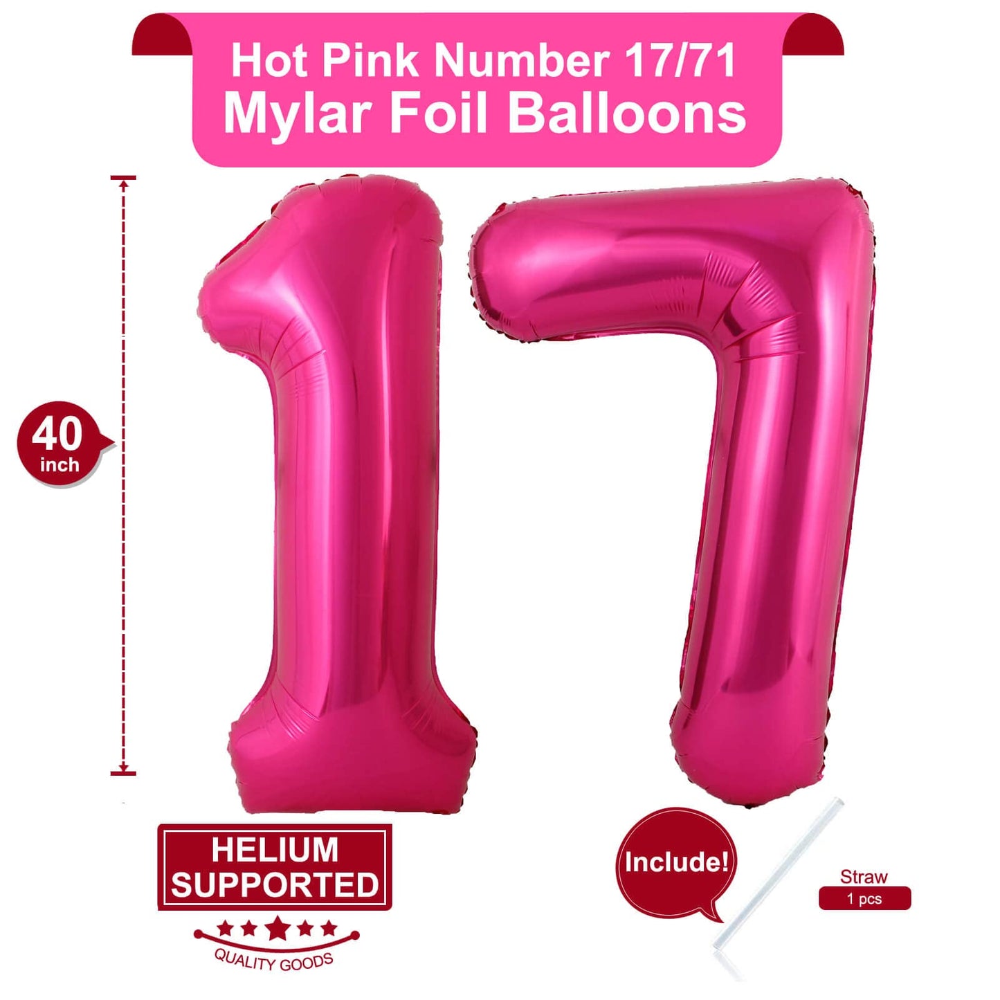LHOAVWE Hot Pink 17 Balloons - 40 Inch Aluminum Birthday Decorations, 17th Anniversary Party Supplies