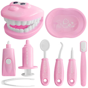 9-Piece Dental Pretend Play Set, Educational Dentist Play Kit With Teeth Model, Toothbrush, Dental Mirror, Syringe, Toothpaste,