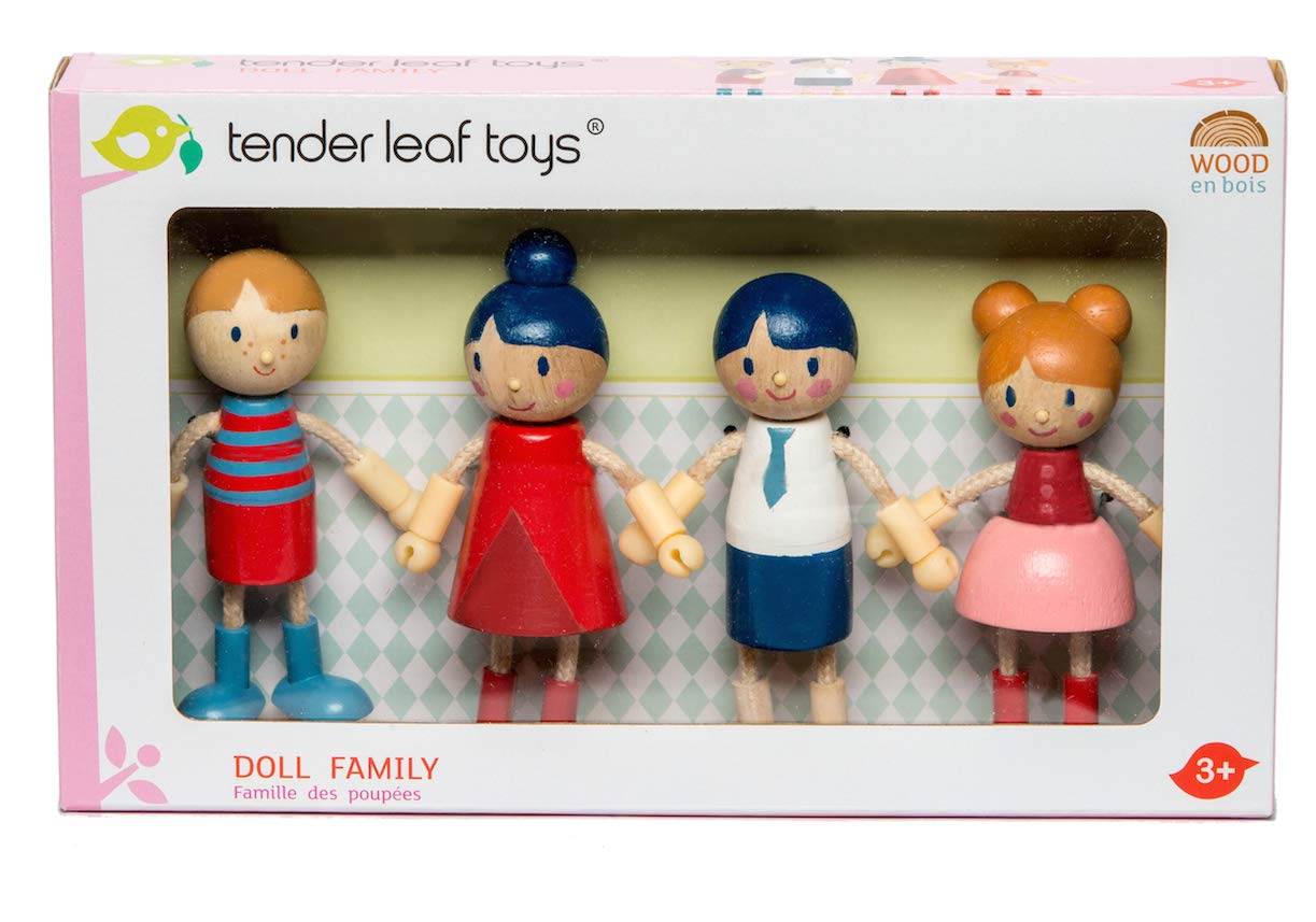 Tender Leaf Toys - Doll Family - Cute Wooden Flexible Doll Family for Kids Dollhouse, Four Pcs of Multicultural Mom, Dad, Boy a