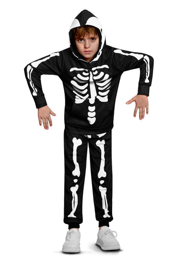 Halloween Boys Girls Black Skeleton Bone Hooded Skull Sweatshirt Set With Kangaroo Pocket 10 Years