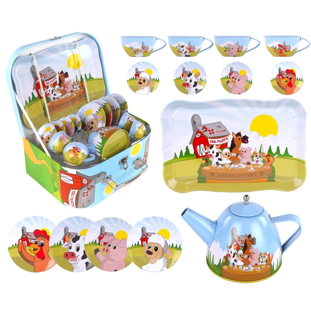 Regal Games Old Macdonalds Tea Time - Barnyard Animal Designed Kids Tea Time Set - Includes 1 Teapot, 4 Cups, 4 Saucers, 1 Plat