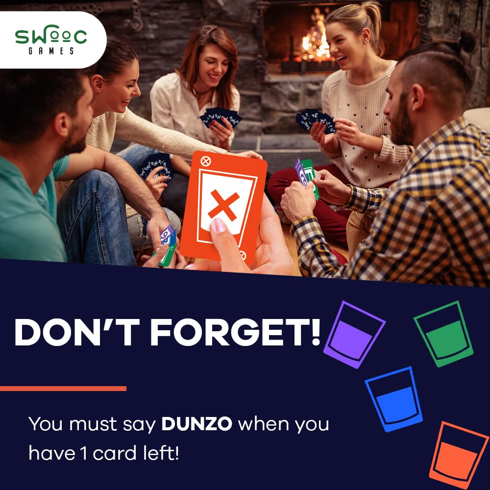 DUNZO - Party Version of Classic Card Game with 4 Unbreakable Glasses - Draw Two  Skip  Reverse  Get Hydrated - Fun Party Game & Funny Gifts - mature-themed Games for Game Night - mature-themed Party Games