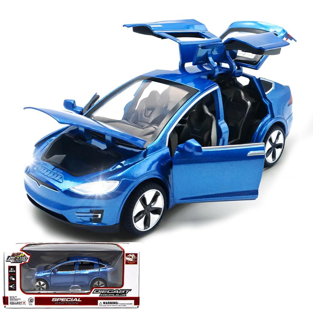 1:32 Model X Alloy Diecast Pull Back Toy Car With Open Doors, Lights And Music, Mini Vehicles Toys For Kids & Collectors (Blue)