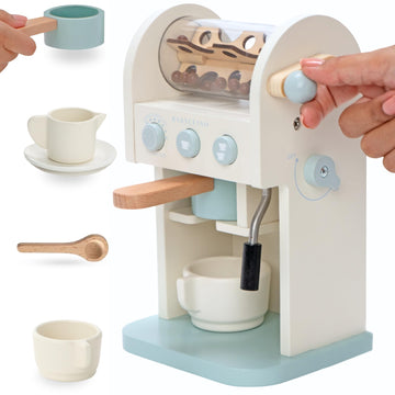 Toy Coffee Maker for Kids - Wooden Coffee Maker Toy for Imaginative Play - Kids Coffee Maker Playset for Skill Development - Boo