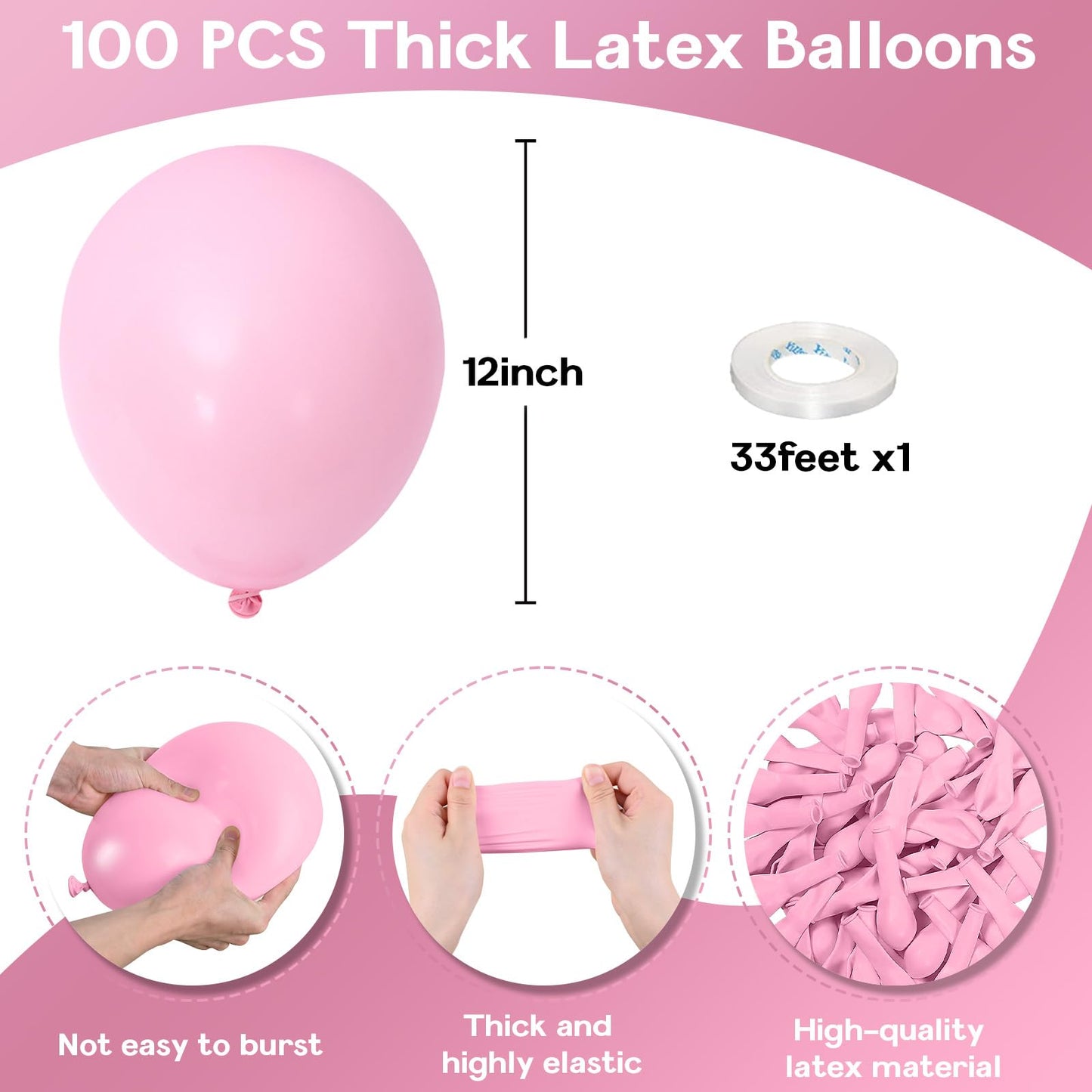 Jobkoo Pastel Pink Balloons 12 Inch, 100 Pack Baby Pink Balloon Light Pink Latex Balloons Matte Pale Soft Macaron Pink Helium Ba