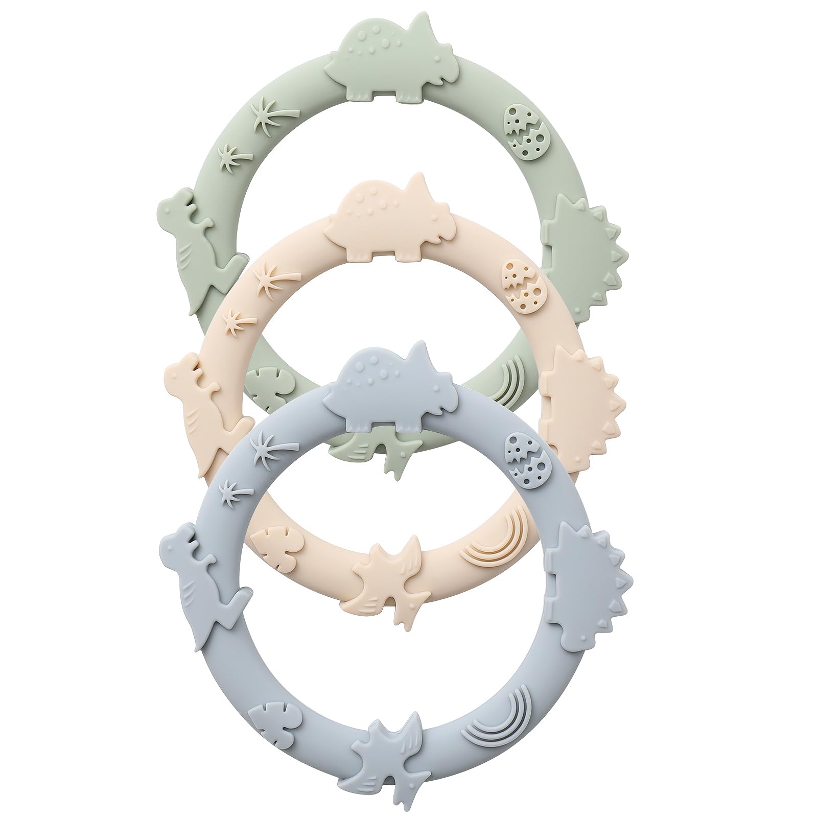 YIVEKO Silicone Teethers for Babies 0-6 6-12 Months Teething Toys for Infants Baby Chew Toys for Sucking Needs Baby Teething Rings for Infant Boys and Girls 3 Pack-Dinosaur-Baby Blue