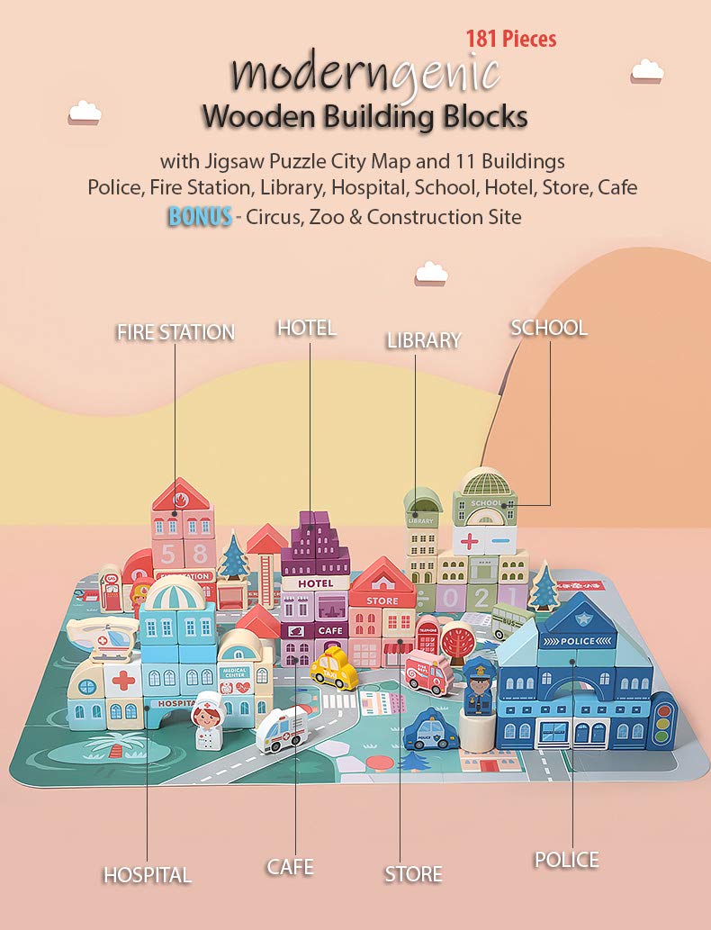 Moderngenic 181Pcs 'Streetscape' Wooden Building Block Set For Toddlers, Jigsaw Puzzle City Map, 11 Buildings (3 Extra Bonus: Circus, Zoo & Construction Site), Preschool Learning Educational Toys