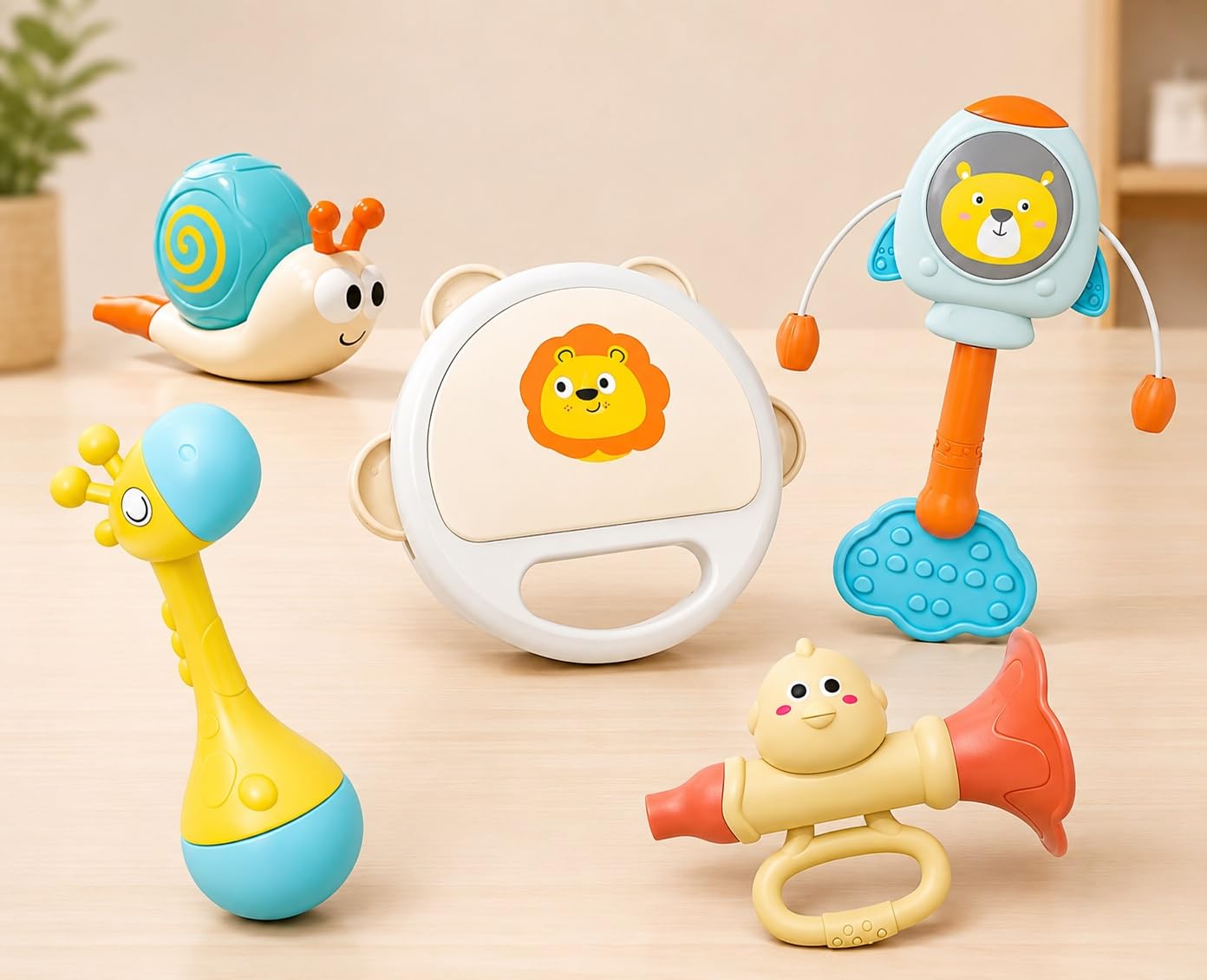 Jollyora 5 Piece Kids Musical Instrument Set With Rattle, Trumpet And Tambourine, Cartoon Sound Making Music Toy Kit For Early L